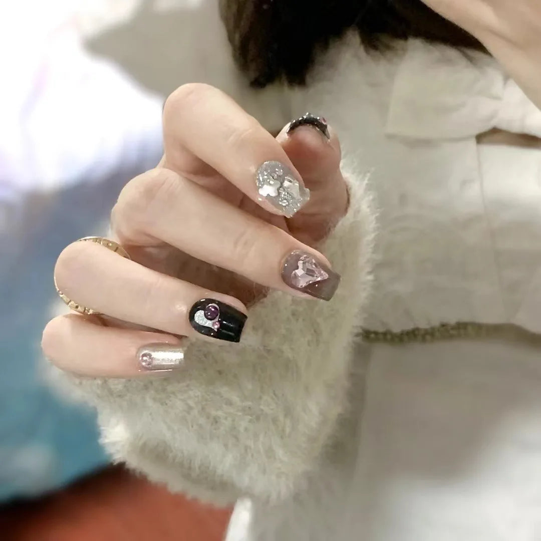 10Pcs Short Press On Nails y2k Star Rhinestone Design Handmade Press On nails Luxury With Design Full Cover Removable Fake Nails