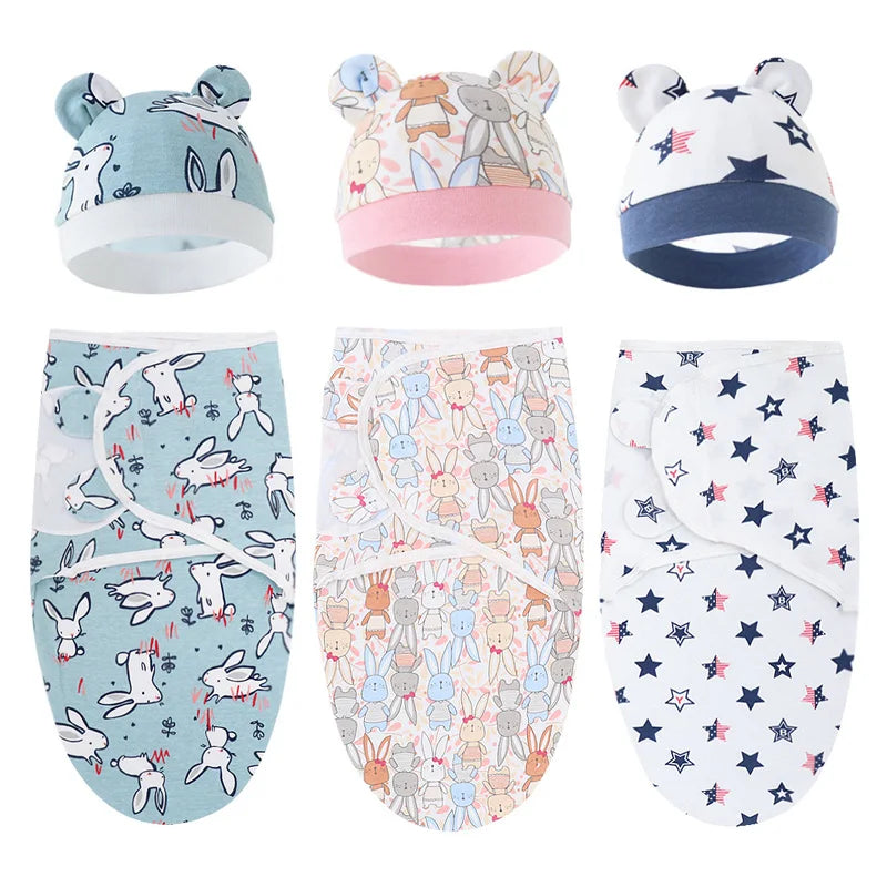 Baby Blanket Hat Set Cartoon Printed Cotton Newborn Swaddle Adjustable Infant Blankets Wraps Applicable All Seasons 0-6 Months
