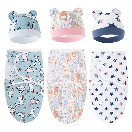 Baby Blanket Hat Set Cartoon Printed Cotton Newborn Swaddle Adjustable Infant Blankets Wraps Applicable All Seasons 0-6 Months