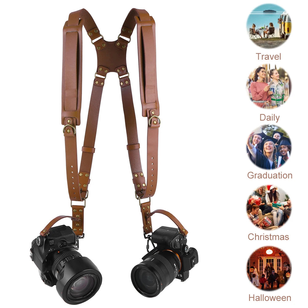 Dual Camera Strap Double Camera Harness Adjustable Leather Camera Straps Universal Camera Shoulder Strap for DSLR/SLR Cameras