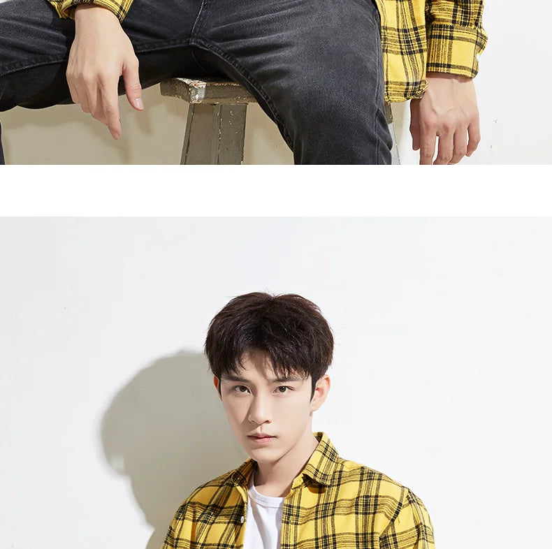 40%cotton fashion korean populasr clothes Casual plaid long-sleeve shirts for men slim fit plain shirt social streetwear tops