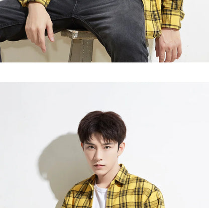 40%cotton fashion korean populasr clothes Casual plaid long-sleeve shirts for men slim fit plain shirt social streetwear tops
