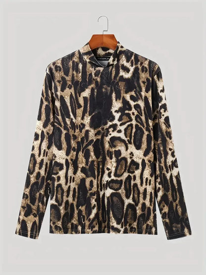 Mens T-shirt Long Sleeve Leopard Print Stretch Skinny Gym Shirt High Neck Base Shirt for Men