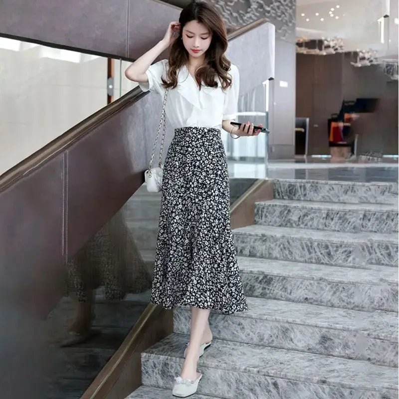 Floral Skirts for Women Midi Clothing Maxi Long Chiffon Flare Womens Skirt Fashion Chic and Elegant High Quality Aesthetic Trend