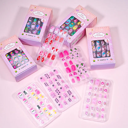 120Pcs Children's Press on Nails Kids Cartoon Acrylic Fake Nails Tips Kawaii Girl Full Cover Short False Nails With Jelly Glue#@