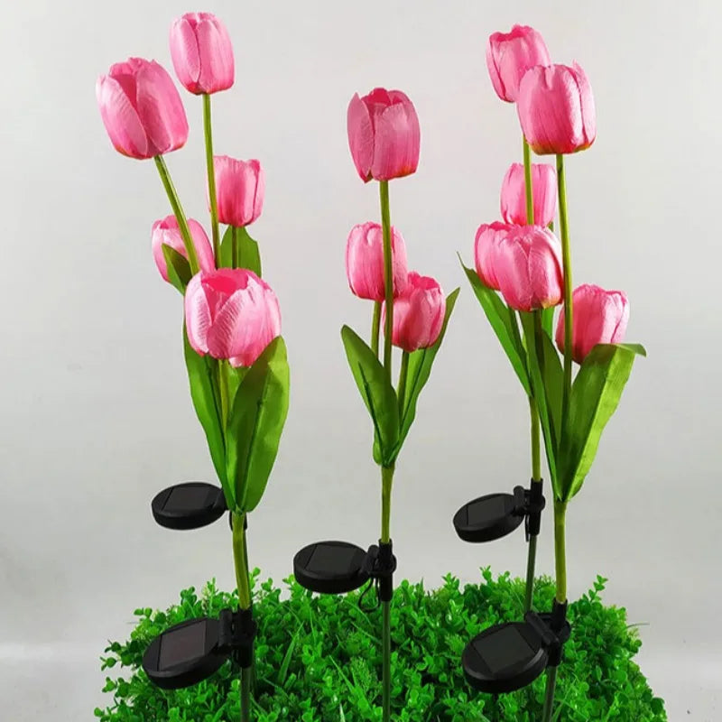 3 Heads Solar Lights Outdoor Decorative Solar Garden Lights tulips Flower Lawn Lamp for Yard Patio Garden Decor