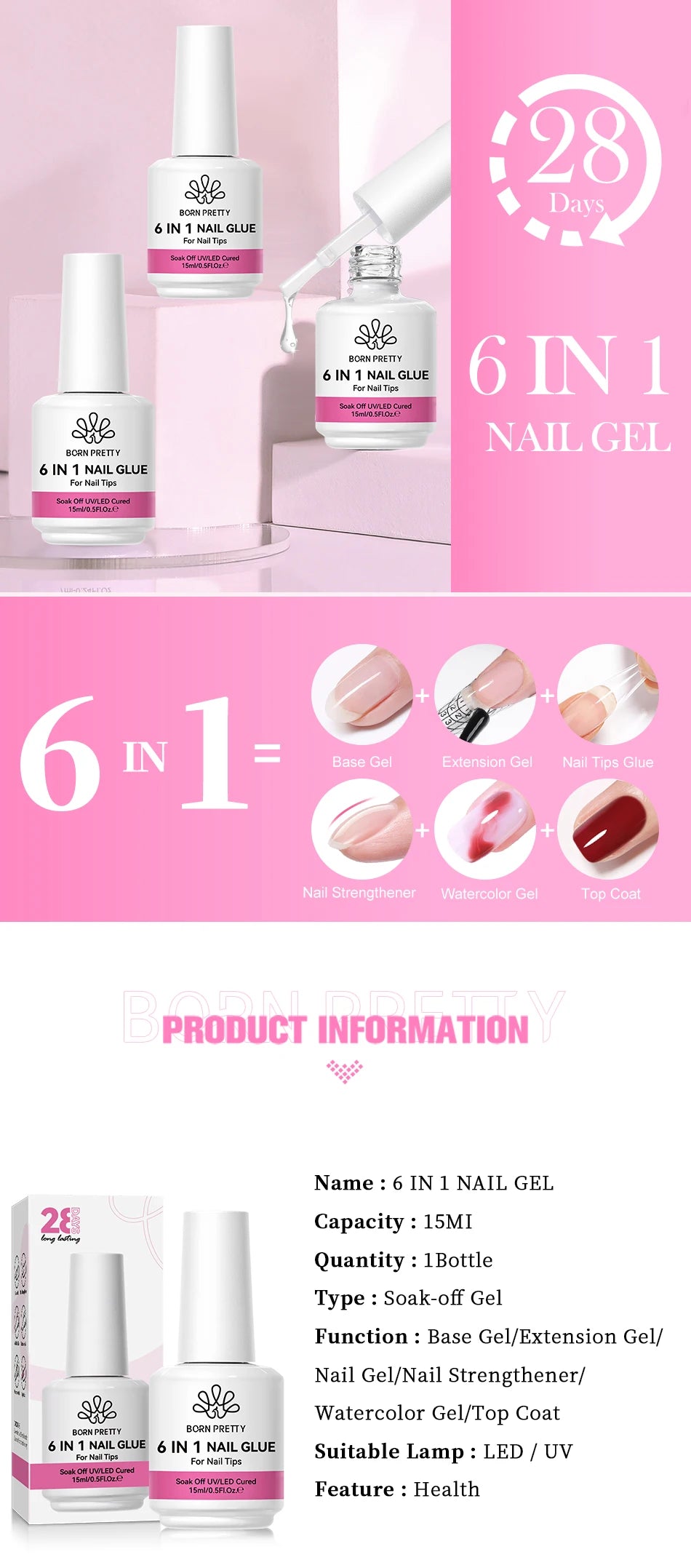 BORN PRETTY 6 IN 1 Nail Glue Gel 15ML for Acrylic Nails Soak off Base Gel Top Coat UV Extension Nail Gel False Nail Tips Gel