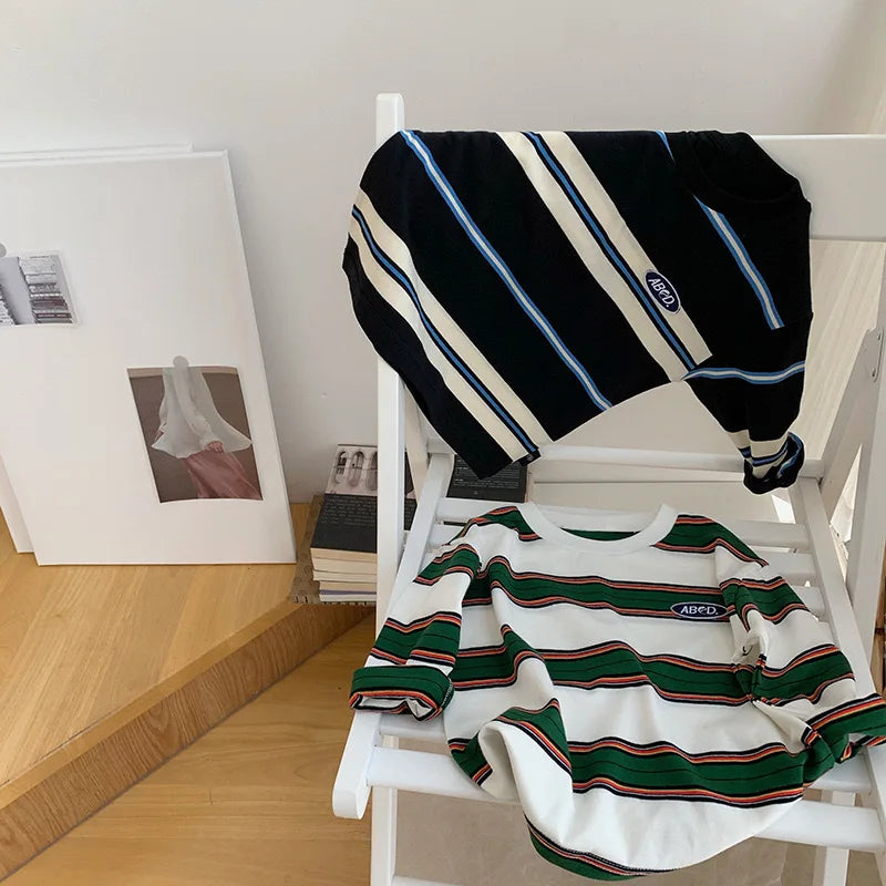 2025 Spring Autumn Kids Boys T-shirts Cotton Striped Loose Sticker Casual Long Sleeve Baby Girls Shirts Toddler Boys Tops