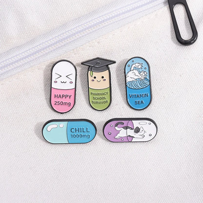 Happy Capsule Pill Enamel Pin Vitamin Sea Pharmacy School Survivor Pharmacist Brooch Badge Jewelry Gift For Medical Student