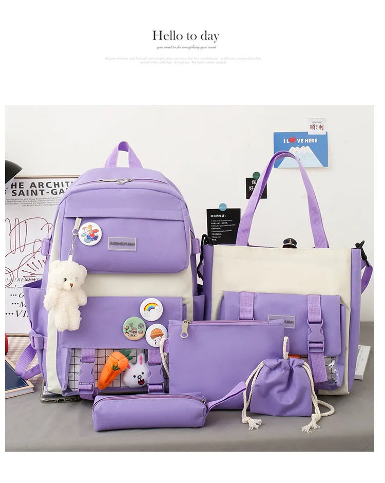 New Large-Capacity Primary School Junior High School Students Shoulders Backpack High School Five Sets of Multi-Compartment Fash