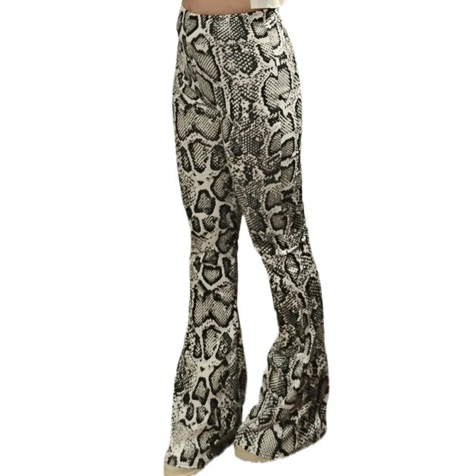 Womens Serpentine Print Flare Pants Stretch Boho Bell Bottoms High Waist Wide Leg Long Palazzo Pants Y2K Streetwear Trousers