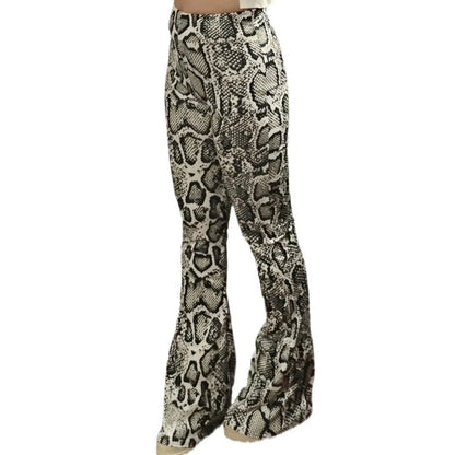 Womens Serpentine Print Flare Pants Stretch Boho Bell Bottoms High Waist Wide Leg Long Palazzo Pants Y2K Streetwear Trousers