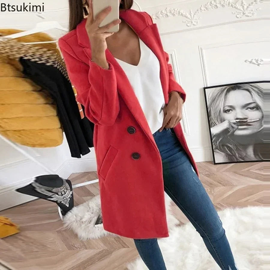 New Plus Size 4XL 5XL Women's Autumn Coat Woollen Blends Overcoats 2025 Winter Long Sleeve Casual Oversize Outwear Jackets Coat