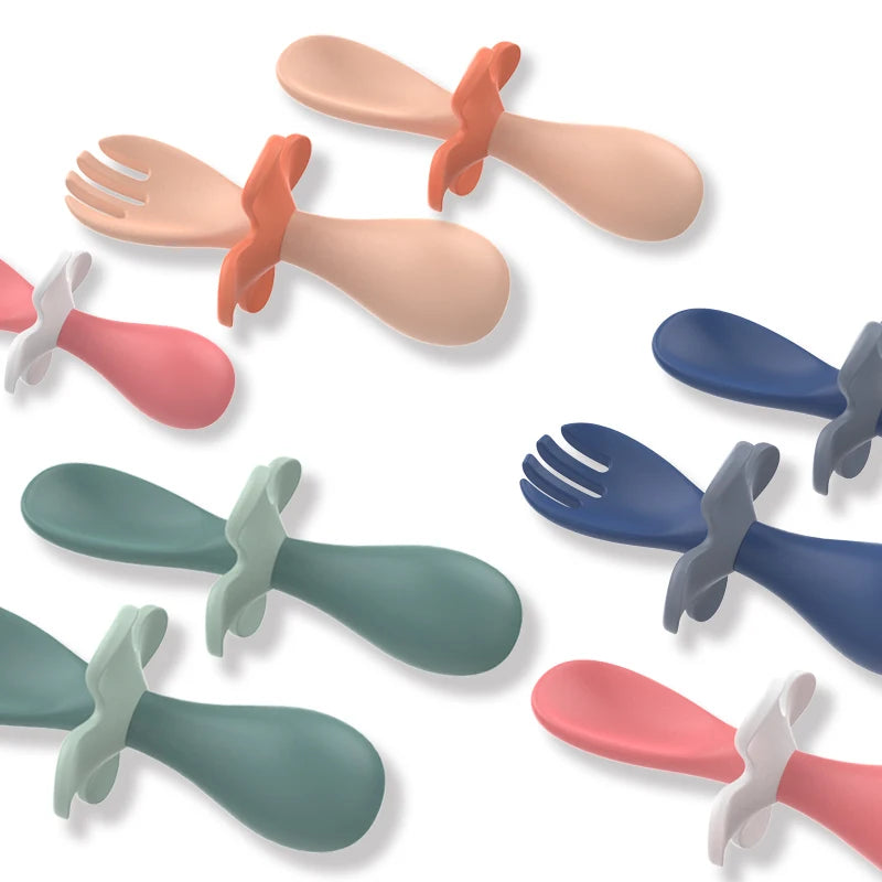 2pcs/set Food Grade Silicone Mini Fork Spoon For Baby petal  Print Utensils Set Feeding Spoon Learn To Eat Children's Tableware