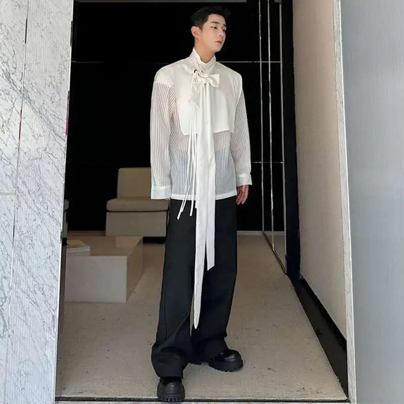 LUZHEN Stylish Personality Ribbon Decorate Translucent Long Sleeve Shirts Men's Elegant 2025 New Stylish Fake Two Piece LZ2413