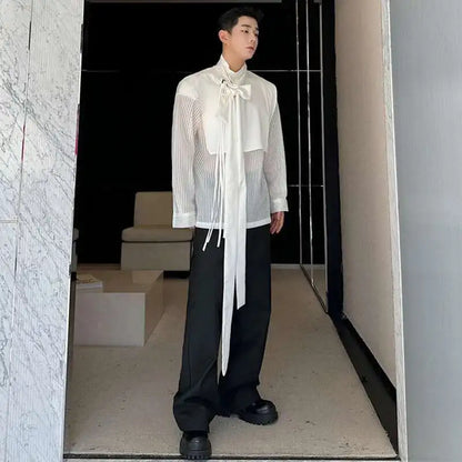 LUZHEN Stylish Personality Ribbon Decorate Translucent Long Sleeve Shirts Men's Elegant 2025 New Stylish Fake Two Piece LZ2413
