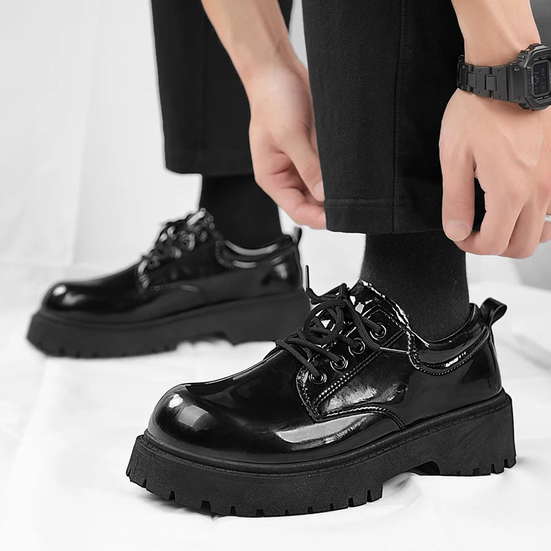 STRONGSHEN Men Patent  Leather Shoes Round Toe Casual Platform Business Shoes Fashion Wedding Banquet Party Formal Dress Shoes