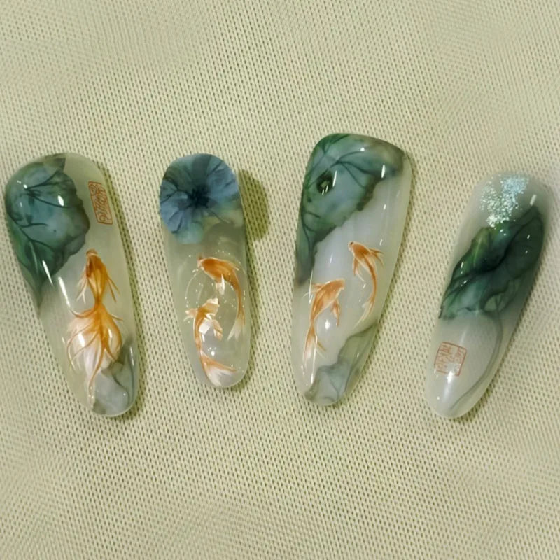 10Pcs Green Chinese Press-on Nails Featuring Lotus Leaf & Koi Crescent Moon and Bamboo Designs Traditional Nail for Women&Girls