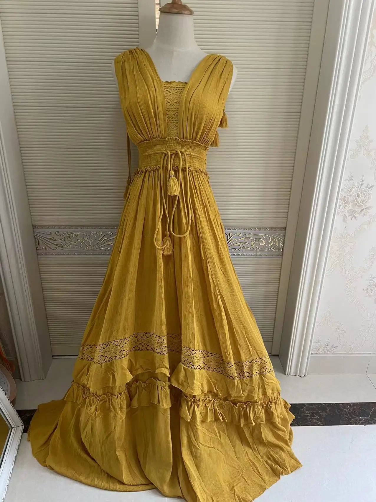 canwedance Summer Beach Dress Sleeveless Cotton Maxi Dresses Boho Style Solid Color Lace Ruffled Sundress Mujer Vestidos