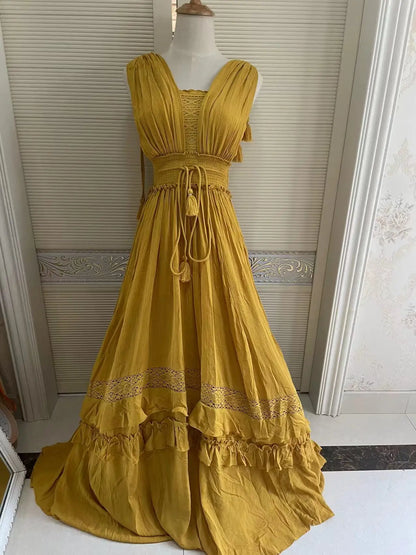 canwedance Summer Beach Dress Sleeveless Cotton Maxi Dresses Boho Style Solid Color Lace Ruffled Sundress Mujer Vestidos