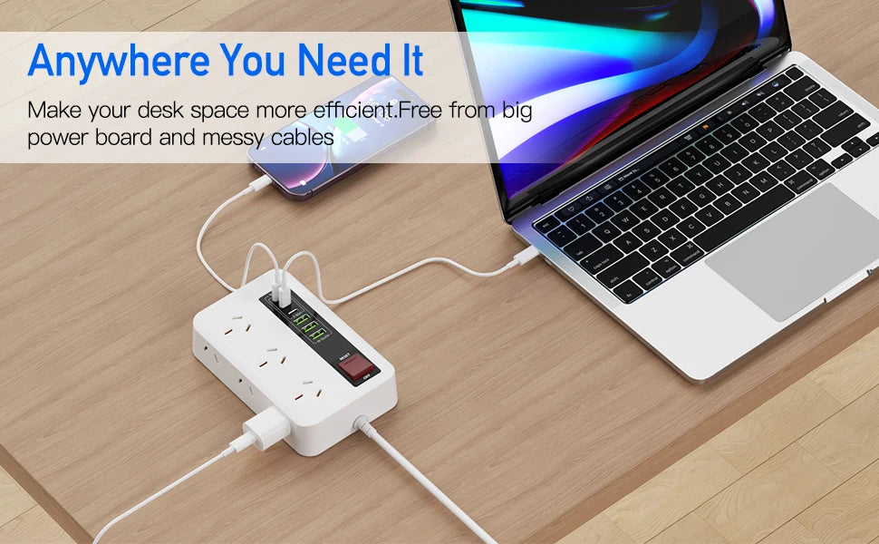 Australian plug power board 6/12 power sockets 6 USB (3A+3C) smart charging overload protection switch 1.8M extension cable