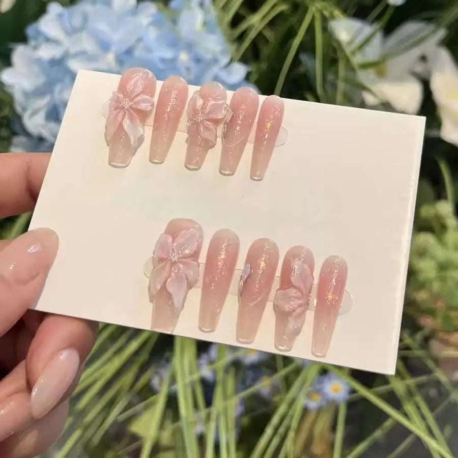 10Pcs Handmade Gradient Pink Fake Nails Long Press On Nails French False Nails 3D Pink Flowers Decor Wearable Press on Nails