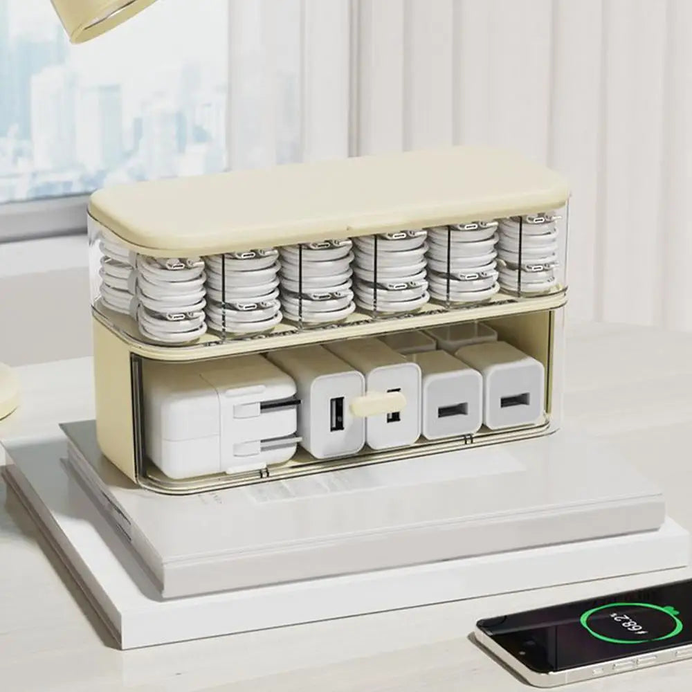 Cable Organizer Box Clear Cord Storage Organizer Cable Management Box with Compartments Charger Wires Case for Drawer Desk