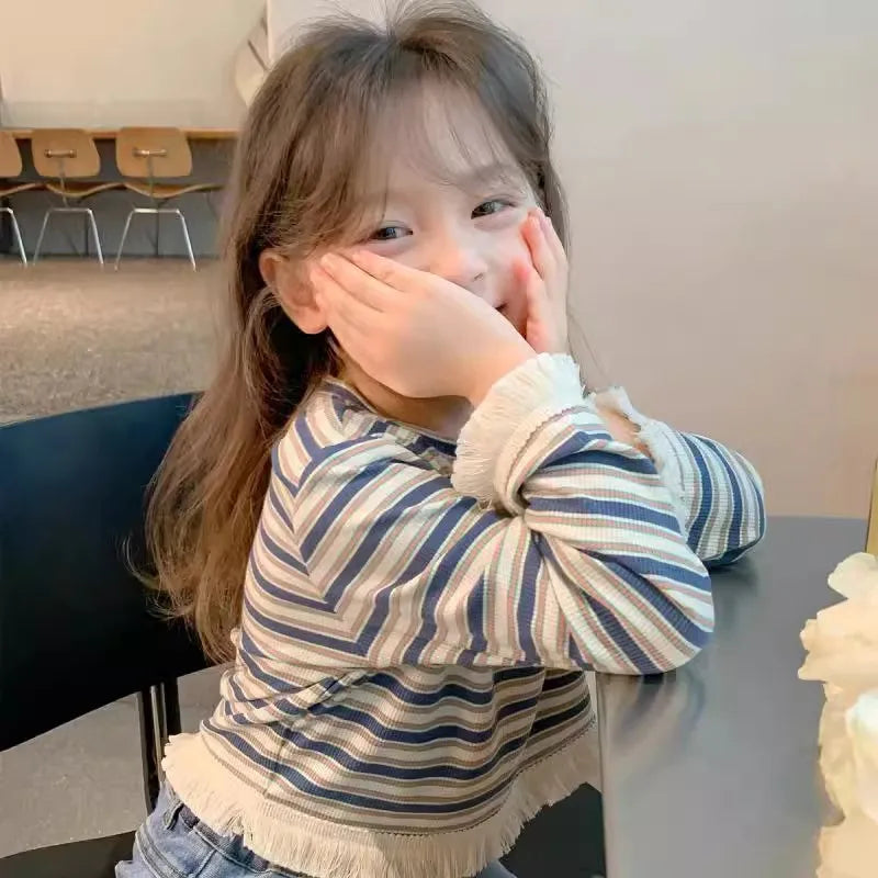 Children's T-Shirts Children's Striped Long-sleeved Baby Girls T-shirt Tassel Cuff Crew Neck Top Girl Clothes