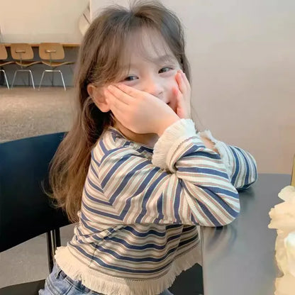 Children's T-Shirts Children's Striped Long-sleeved Baby Girls T-shirt Tassel Cuff Crew Neck Top Girl Clothes