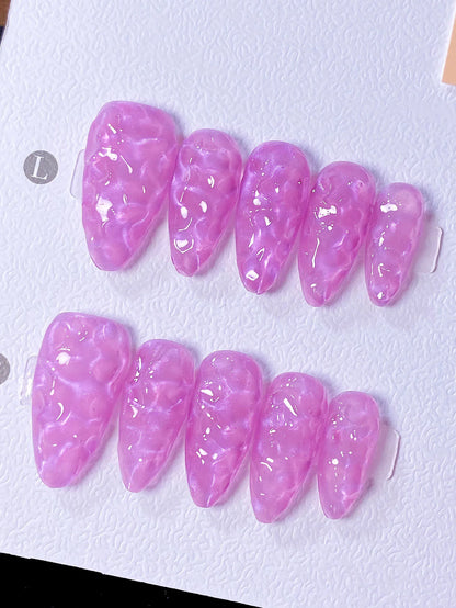 10 pure handmade almond nails in purple water ripple, simple gradient, press-on nail art.
