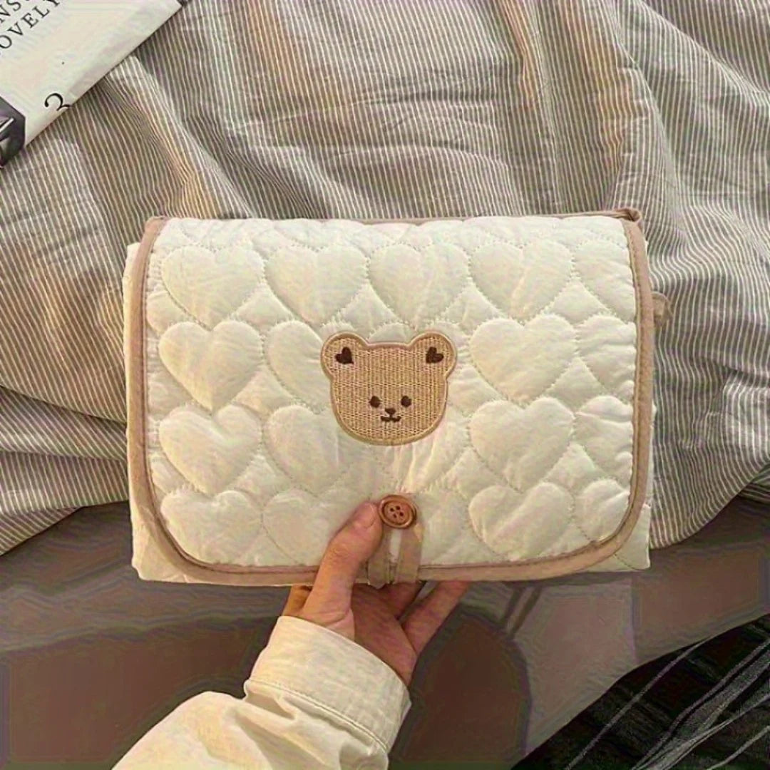 Cream Bear-Portable Diaper Changing Pad,Diaper Pouch-Foldable,Breathable with Adjustable Strap for Travel &Short Trip
