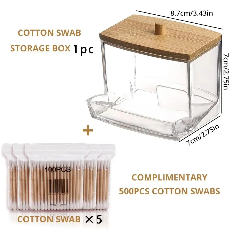 1set Transparent Acrylic Wood Cover Cotton Swab Box With 500 Cotton Swabs Cosmetic Cotton Storage Box