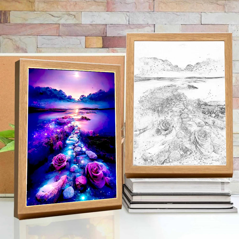 Table Decoration Light Painting Photo Frame Modern Landscape Led Night Light Bedside Bedroom Home Decor Christmas Gift Moon Lamp