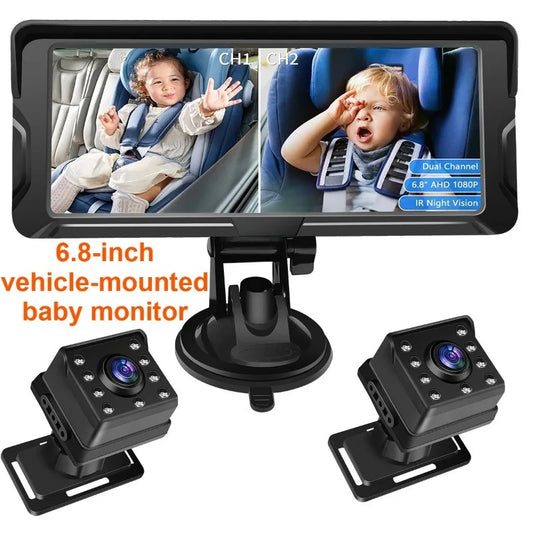 6.8 Inch Wireless Baby Car Monitor Dual Lens Full HD Screen Night Vision Rear Seat Camera System Easy Installation for SUV Sedan