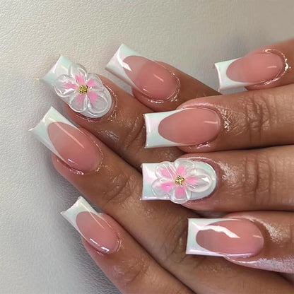 24pcs Blush Pink French Press On Nails Hand-painted White Flower Gold Ball Designs Fake Nail Short Square Korean False Nail Tips