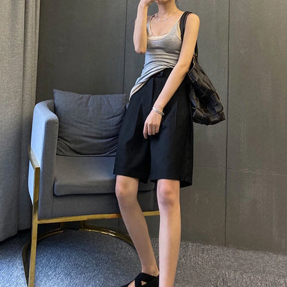 Korean Office Suits Shorts for Women Fashion Double-buttons High Waist Knee-length Pants Woman 2023 Summer Casual Short