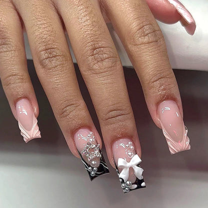 White French Short Press on Nails 3D Bowknot Designs Nude Color Fake Nails Artificial False Nails Tips for Woman DIY Manicure