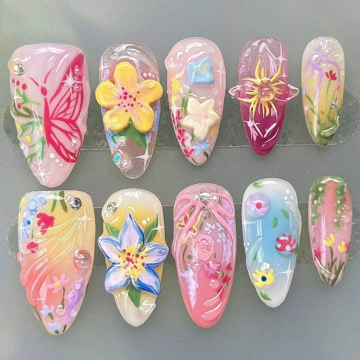 24Pcs Pink Almond False Nails Butterfly Ballet with French Design Wearable Fake Nails Simple Artificial Press on Nails Tips Art