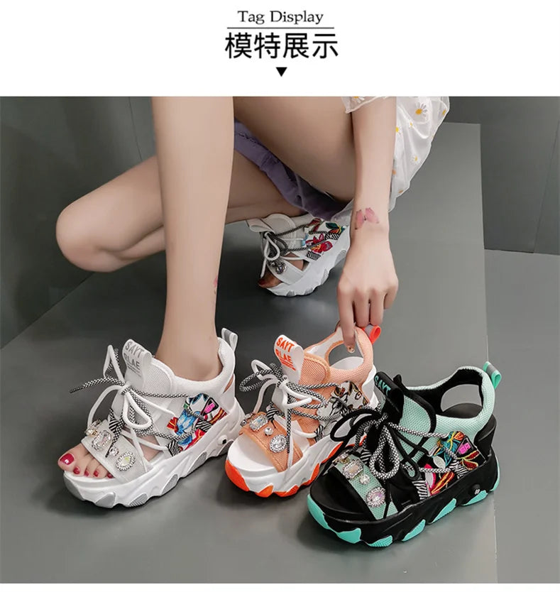Comemore Leisure Lady Platform Chunky Sandals Mixed Color Shoes Sports Wedge White Sandals Women High Heel Beach Casual Shoes 39