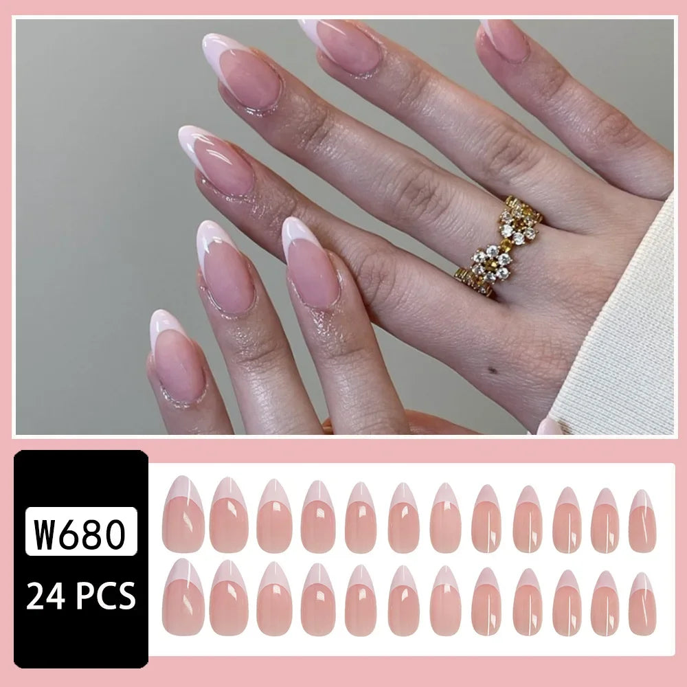 24pcs Fingertips White Press on Nails Pink Almond Wearing Nail Stickers Simple French False Nails Manicure for Women Free Glue