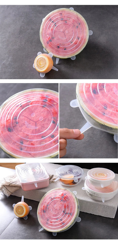 6PCS Adaptable Lid Silicone Cover Food Caps Elastic Stratchy Fresh Microwave Lids Stretch Silicone Cover for Kitchen Accessories