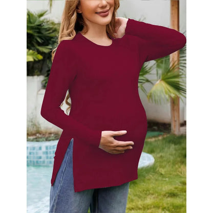 Spring New Maternity Clothes Round Neck Solid Color Slit Long Sleeve Base T-shirt Tops For Pregnant Women Maternity Wear