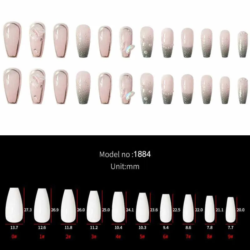 24Pcs Press on Nails Long with Designs Pink Rhinestones False Fake Nails Press On Coffin Artificial Nails for Women Stick on