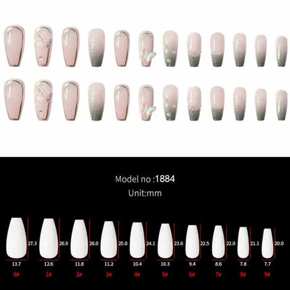 24Pcs Press on Nails Long with Designs Pink Rhinestones False Fake Nails Press On Coffin Artificial Nails for Women Stick on