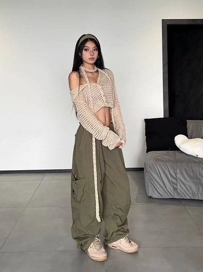 American Vintage Loose Cargo Pants Women Casual Street Personality Women's Cargo Pants Drawstring Design New Spring Trousers