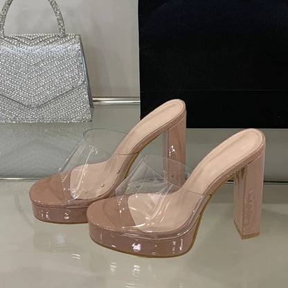 Liyke Summer Square Toe 12CM Thick High Heels Platform Slippers Ladies Chunky Sandals PVC Transparent Shoes Women Zapatos Mujer