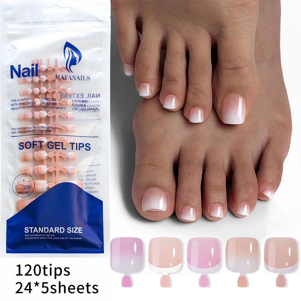 120pcs Square ToeNail Tips - Short French Tip Press On Toenails Pink Soft Gel Toe Nail Tips Full Cover Fake Toe Nail Extensions