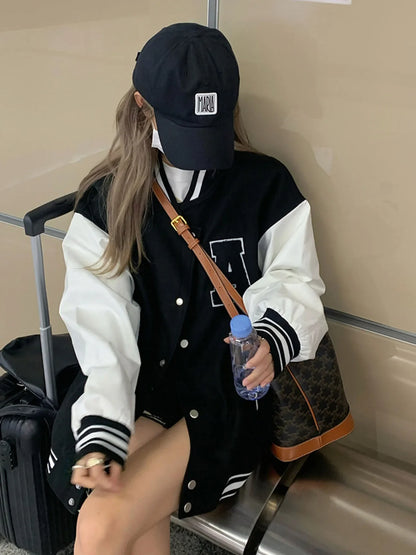 Women Bomber Jackets 2024 Fall Winter Fashion Baseball Uniform Oversize Coats Student Couple Harajuku Loose Jacket Streetwear