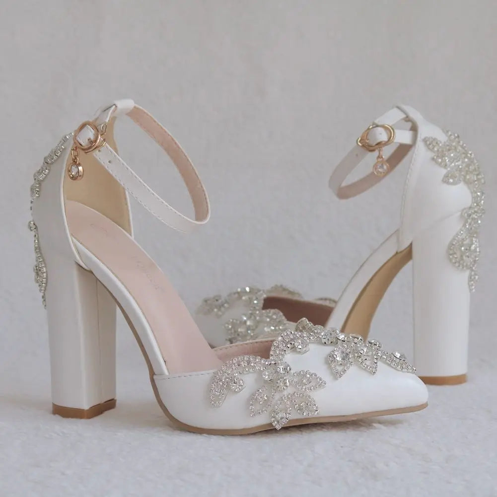 2025 Thick Heel Pointed Toe Shoes Large Size  Thick Heel Sandals Women Rhinestone Wedding Shoes Women White Wedding Shoes Drill