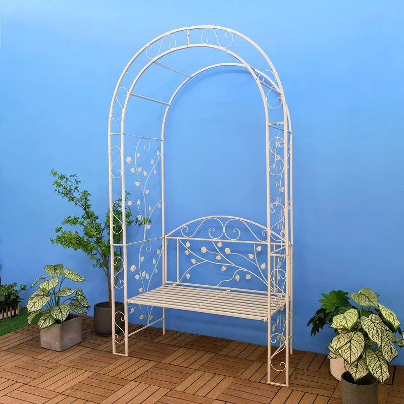 Garden arch bench, decorative wrought iron arch with seat, suitable for climbing plants and outdoor wedding arch